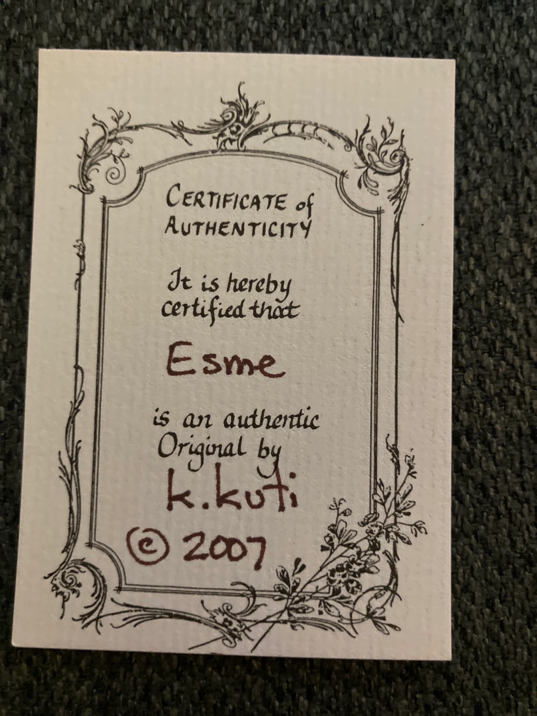 Esme Doll K. Kuti 2007 Certificate of Authenticity - photo 2