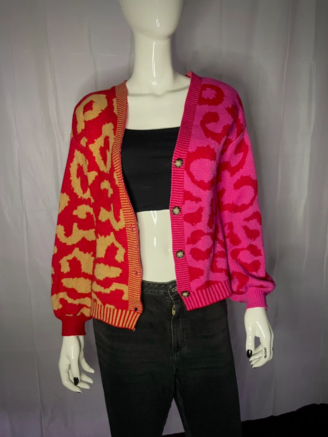 Colourblock Leopard Print Cardigan - Pink & Red - photo 2