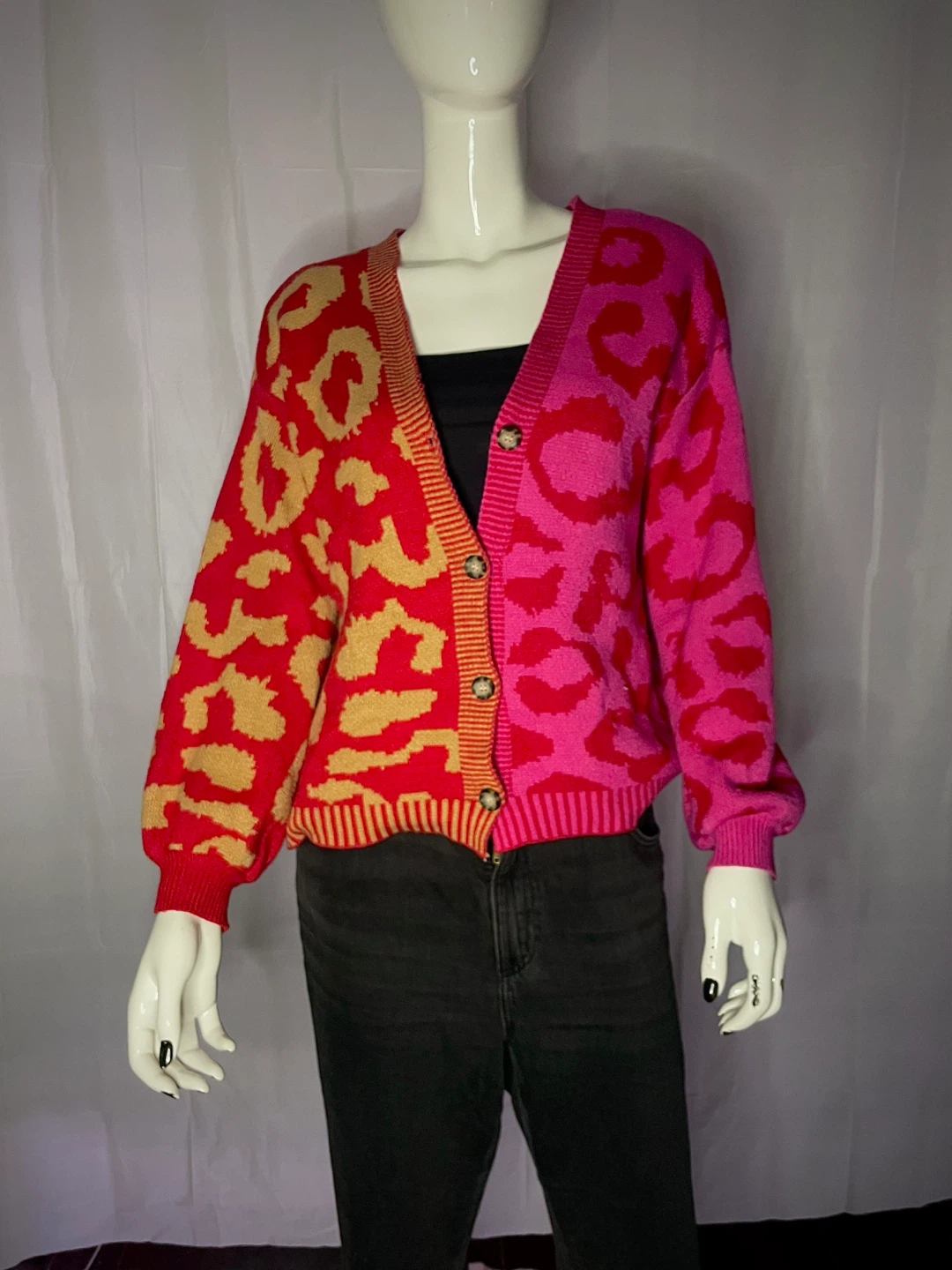 Colourblock Leopard Print Cardigan - Pink & Red