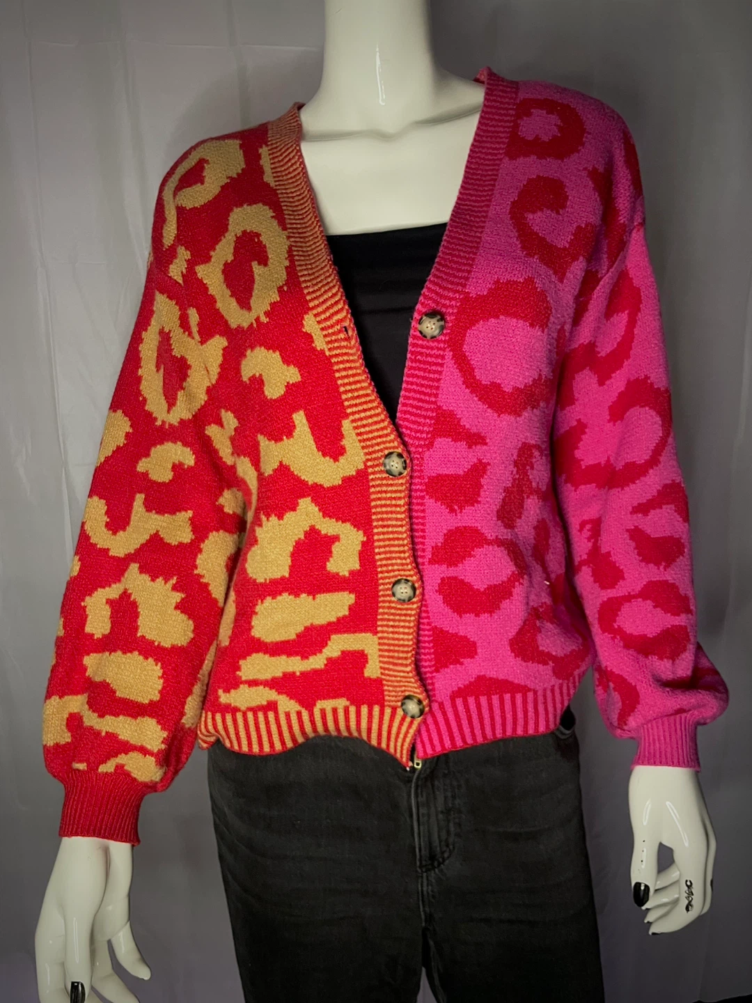 Colourblock Leopard Print Cardigan - Pink & Red - photo 3