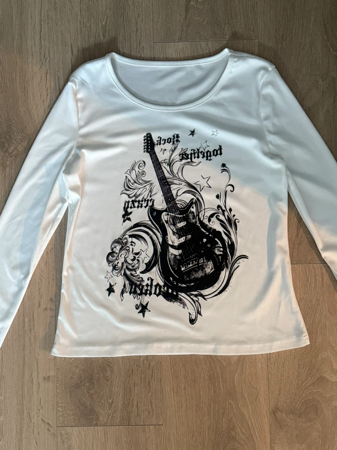 White Long Sleeve Graphic Tee with Guitar Design - photo 3