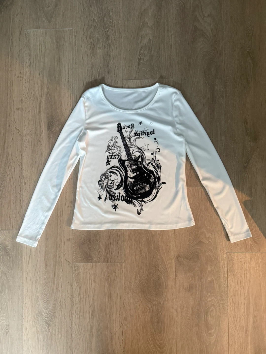 White Long Sleeve Graphic Tee with Guitar Design