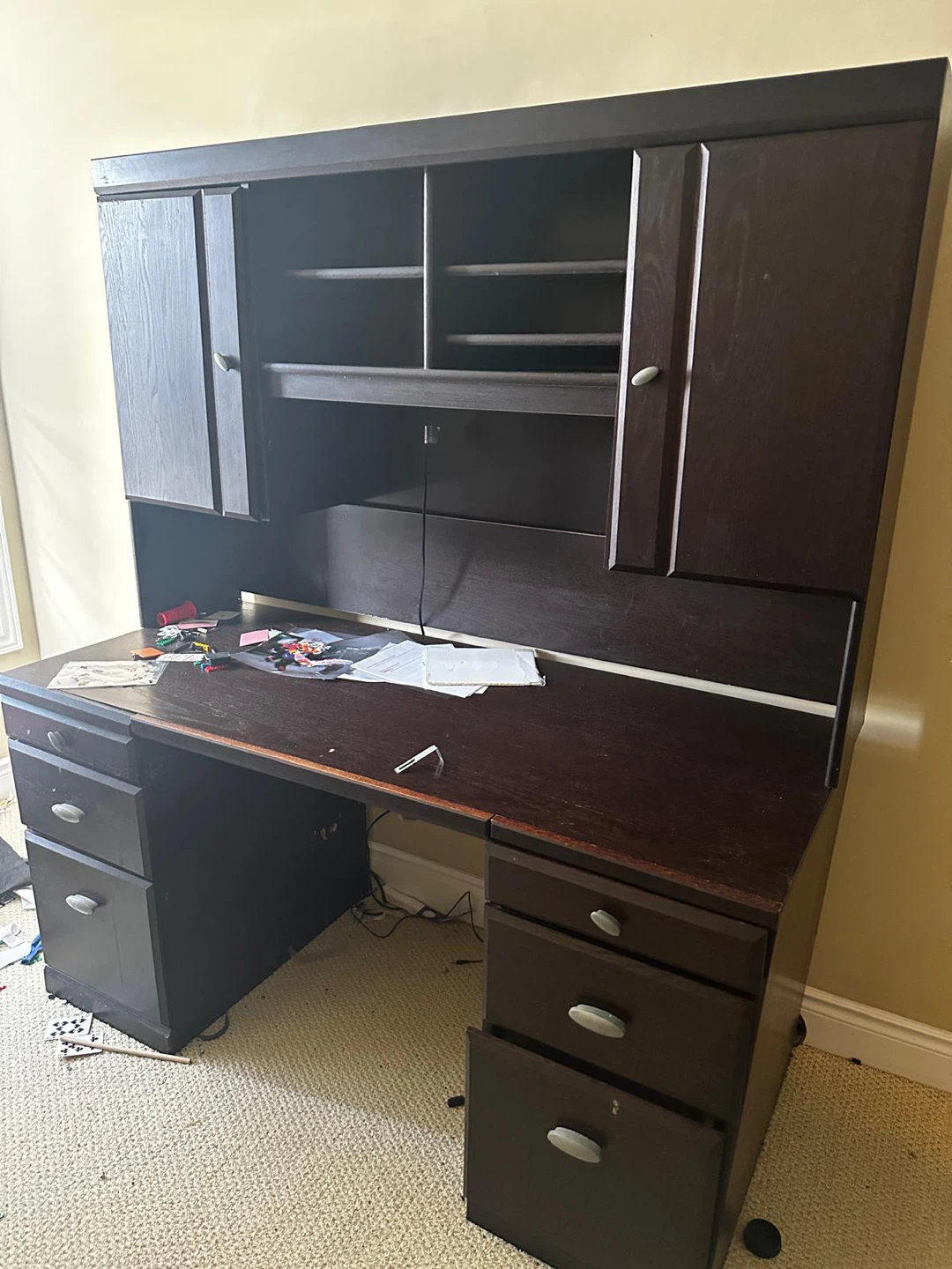Dark Brown Desk with Hutch and Drawers