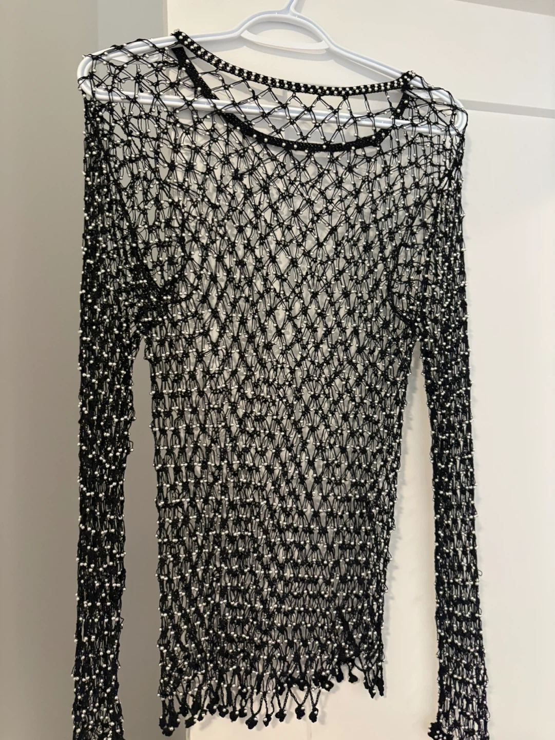 Black Mesh Beaded Long Sleeve Top - photo 2