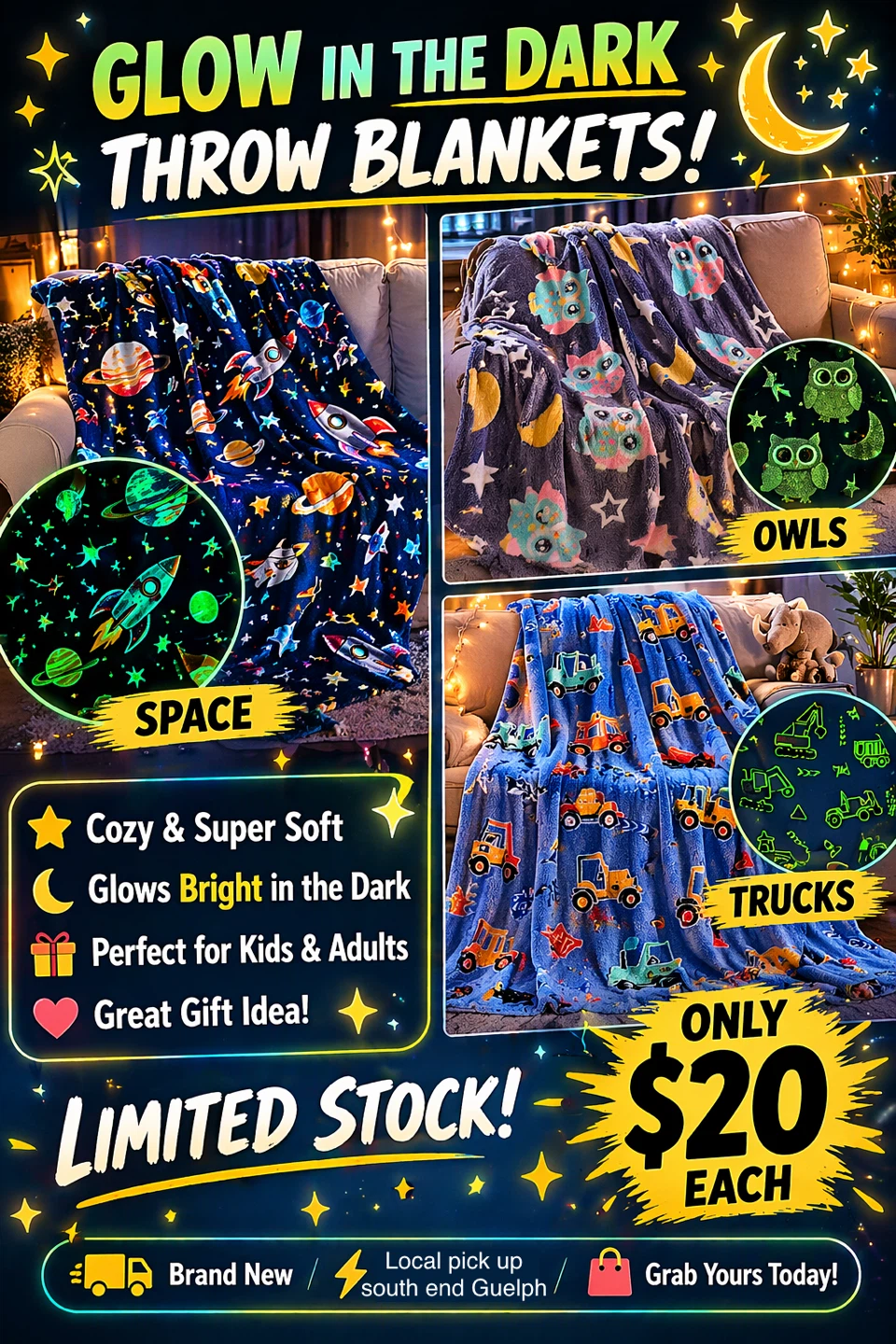 NEW Glow in the Dark Throw Blankets - $20 each
