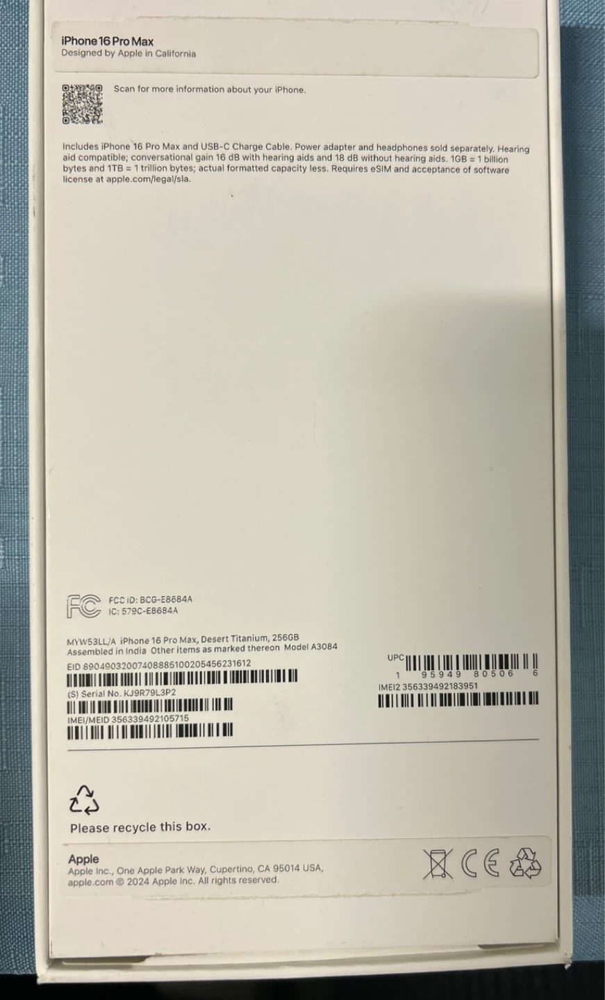 Box Apple iPhone 16 Pro Max Desert Titanium 256GB - photo 2