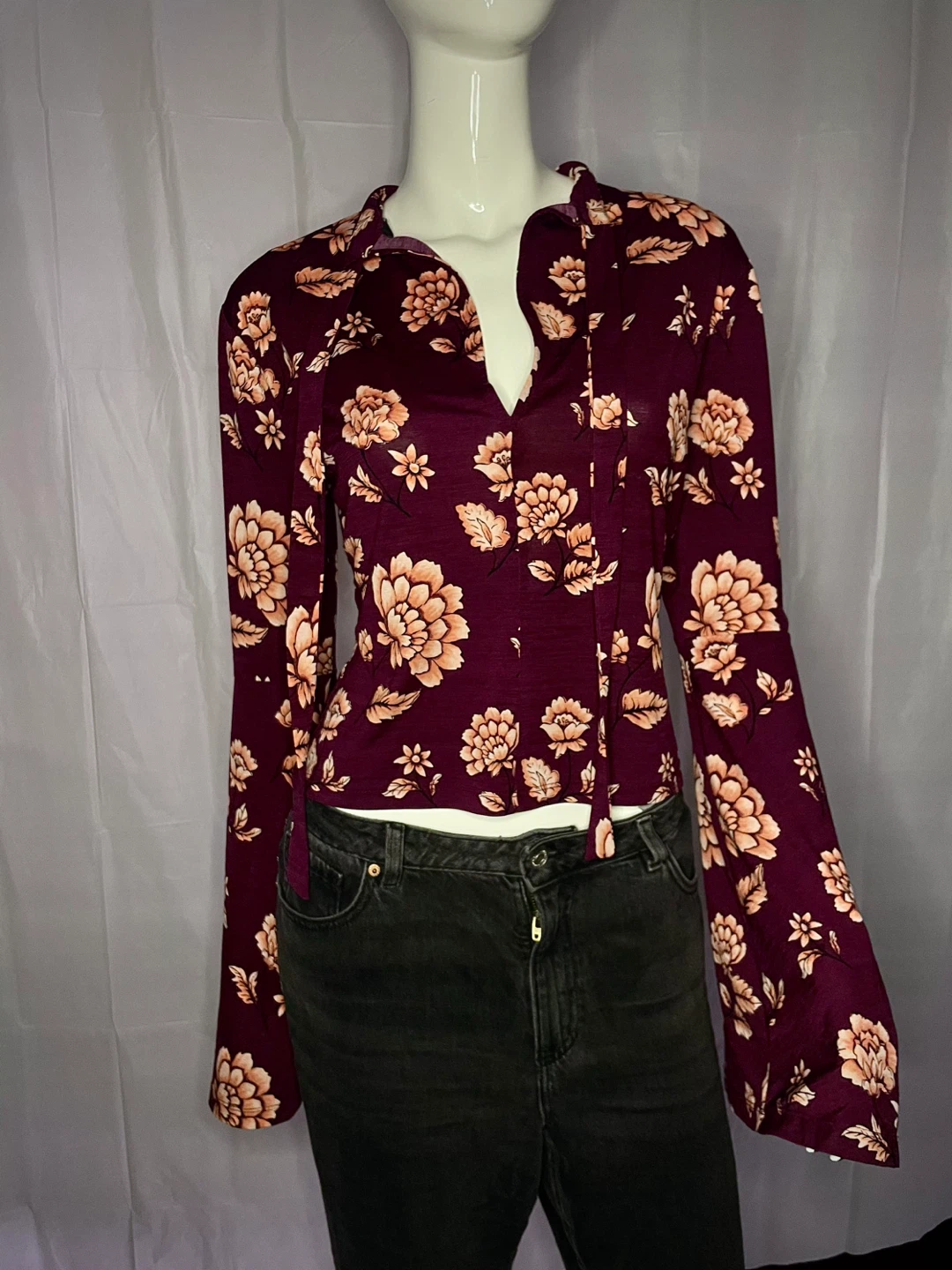 Burgundy Floral Bell Sleeve Tie Neck Blouse - photo 4