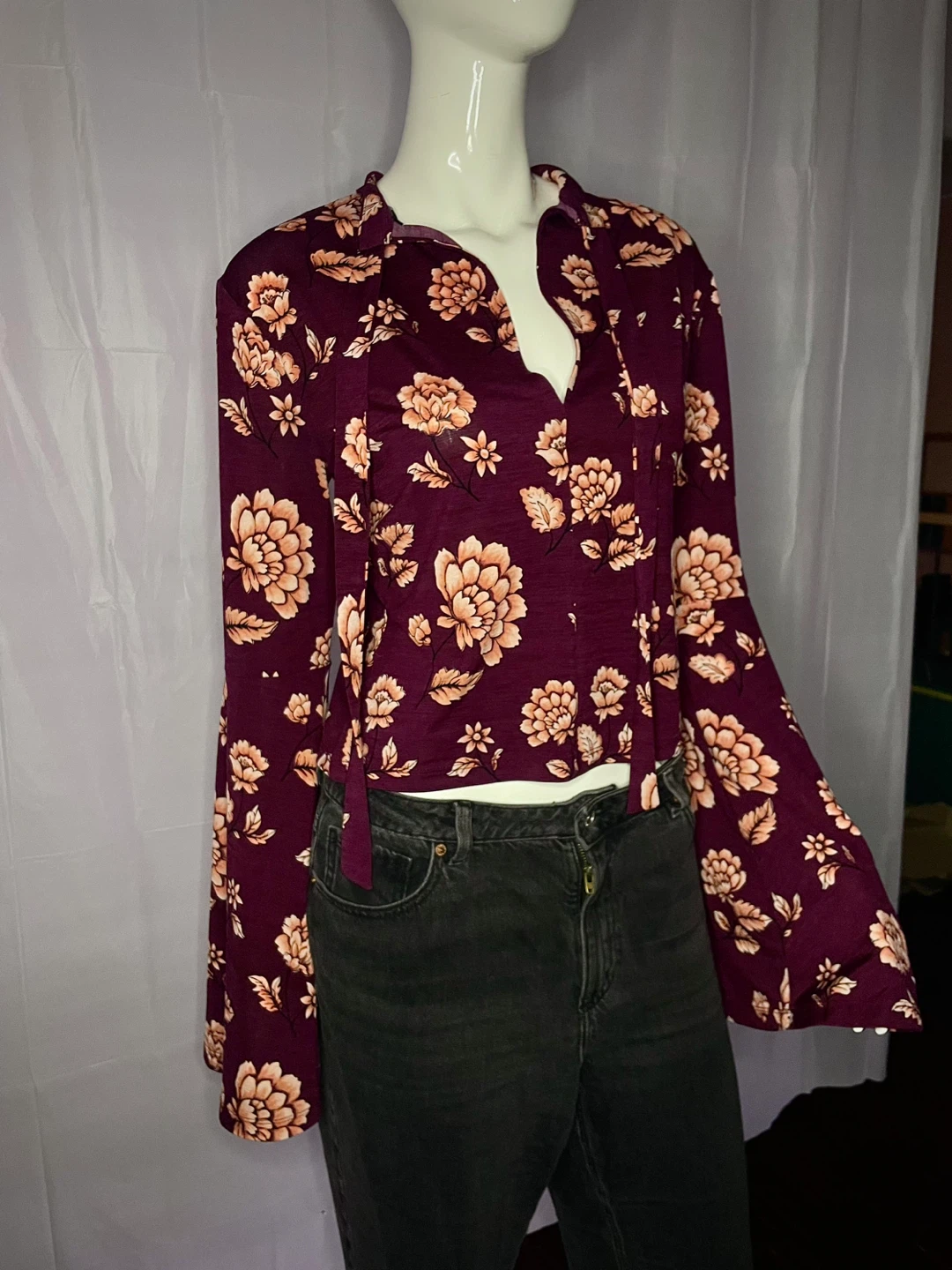Burgundy Floral Bell Sleeve Tie Neck Blouse - photo 3