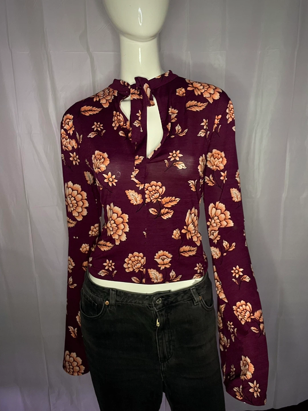 Burgundy Floral Bell Sleeve Tie Neck Blouse