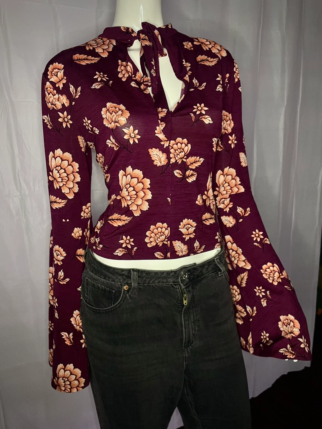Burgundy Floral Bell Sleeve Tie Neck Blouse - photo 2