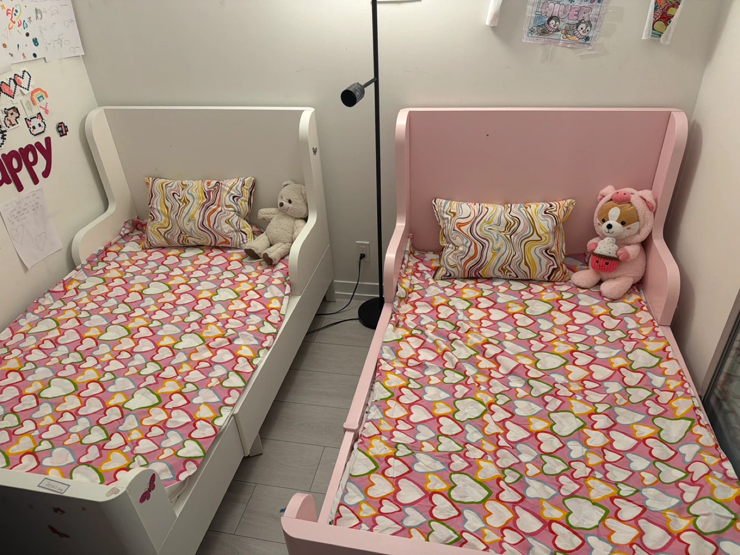 White Twin Bed Frame with Pink Bedding