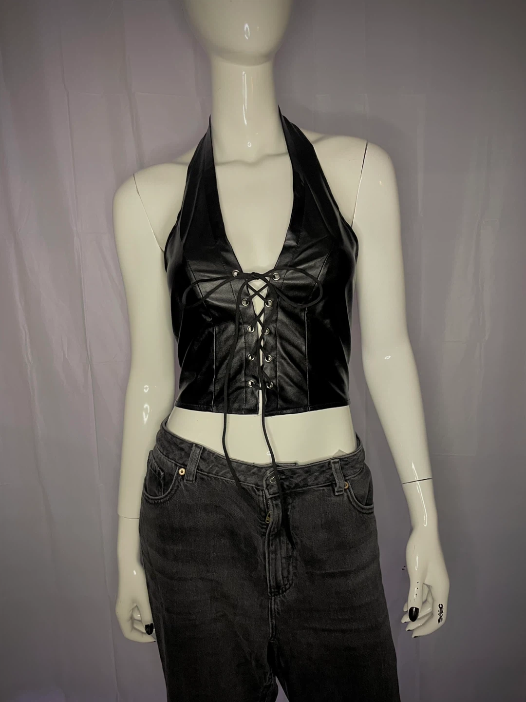 Black Faux Leather Halter Top - photo 2