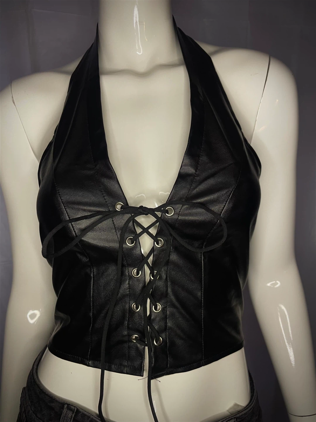 Black Faux Leather Halter Top