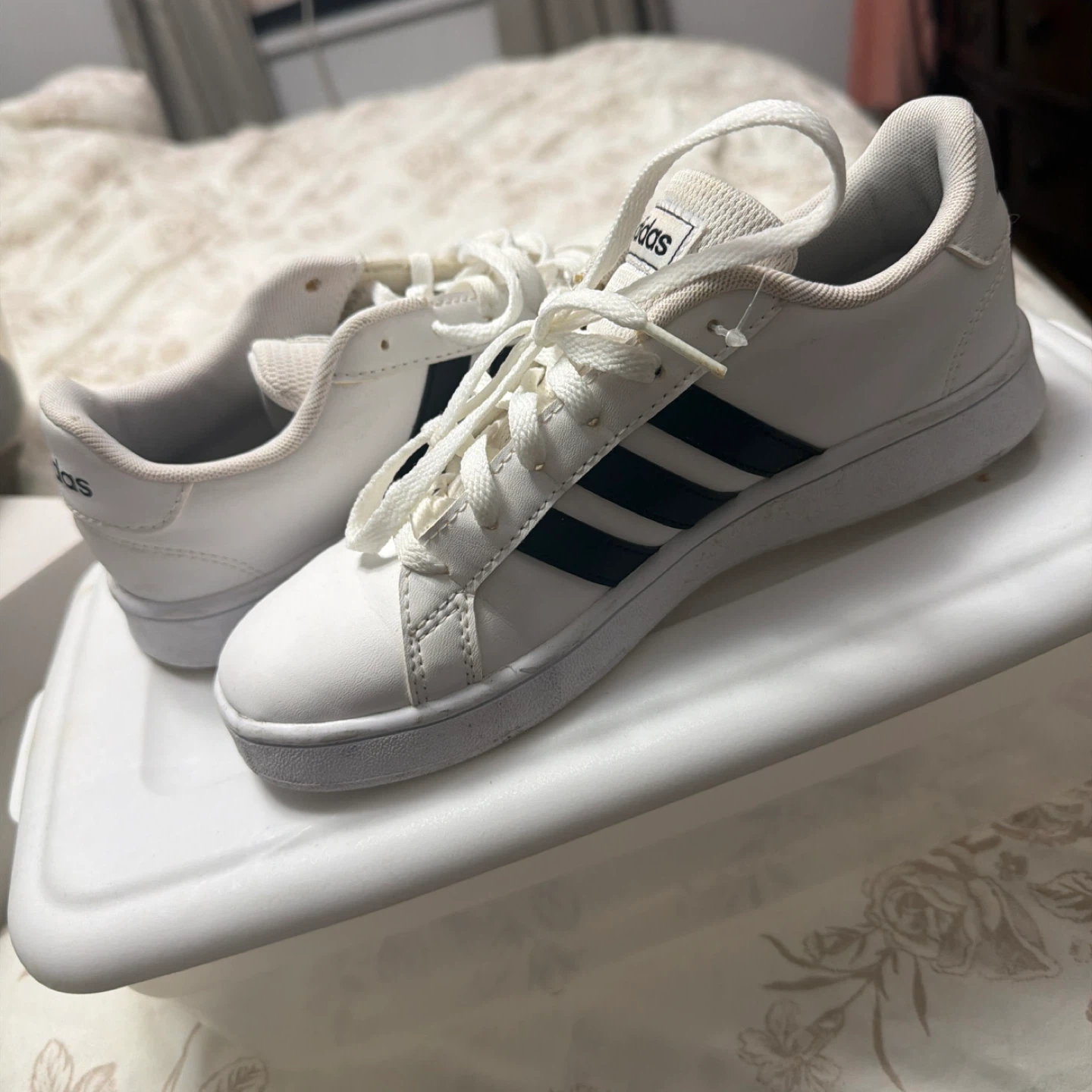 Adidas White Sneakers with Black Stripes