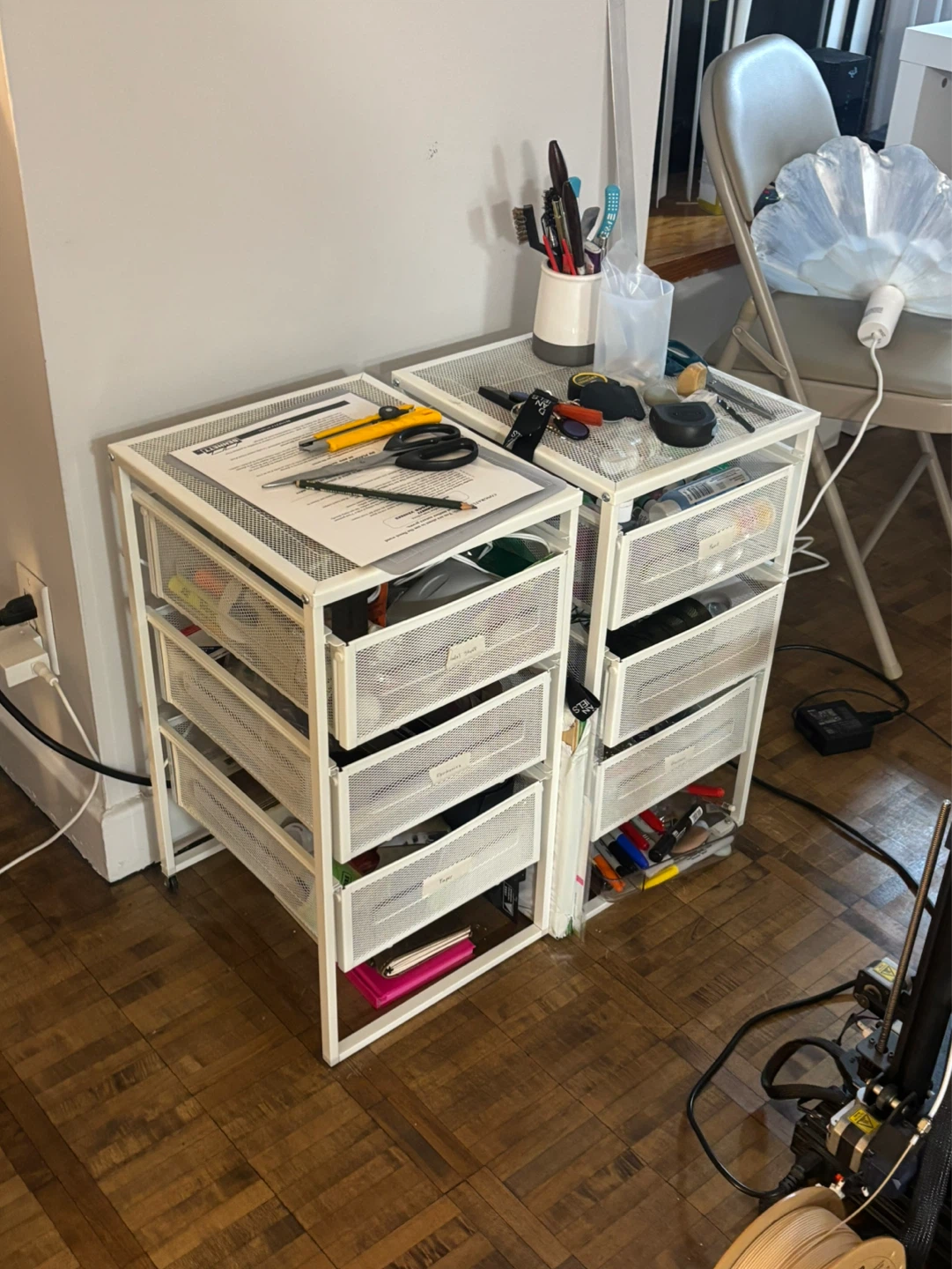White Mesh organizers with crafting supplies