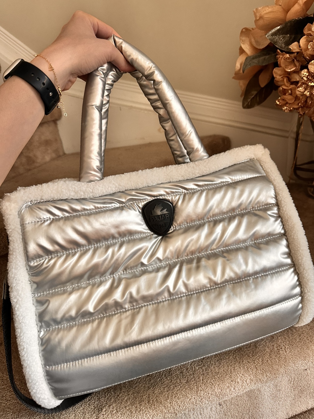 Pajar Canada Silver Puffer Bag with Shearling Trim