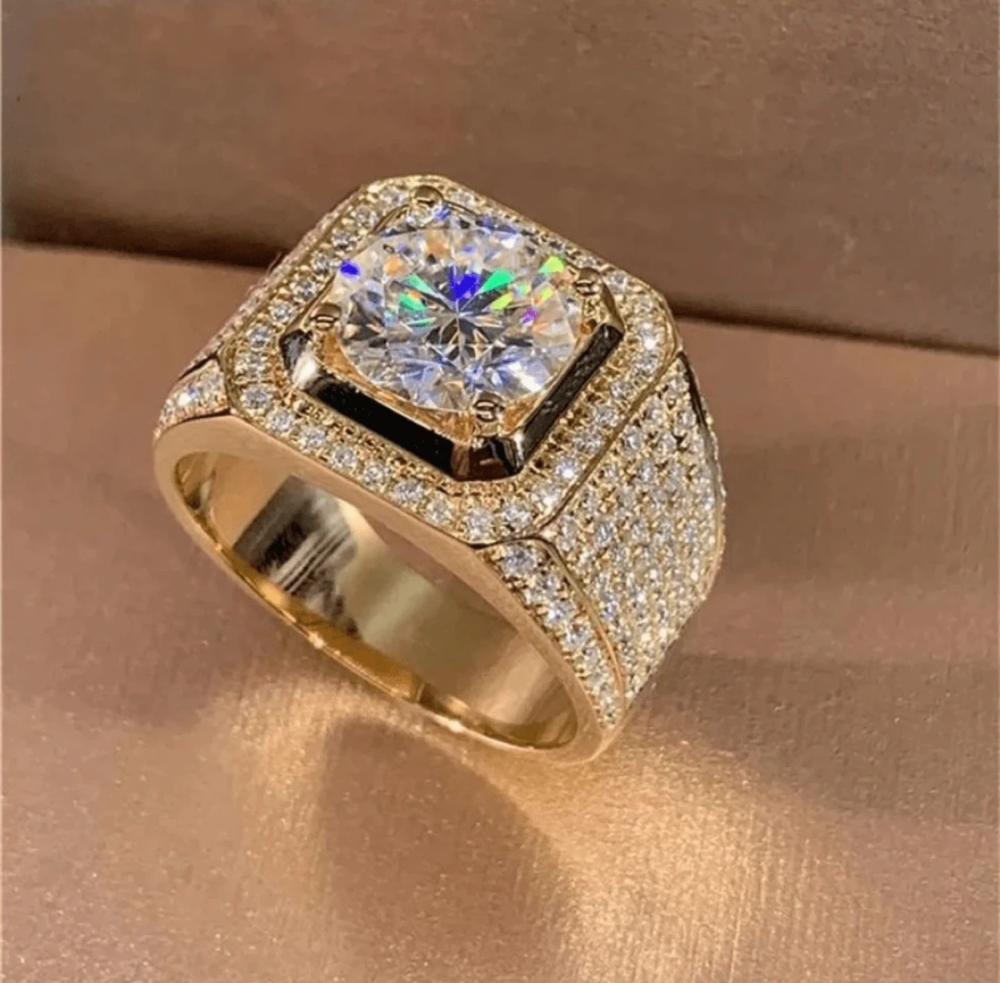 Men's Gold-Tone Ring with Large Center Stone