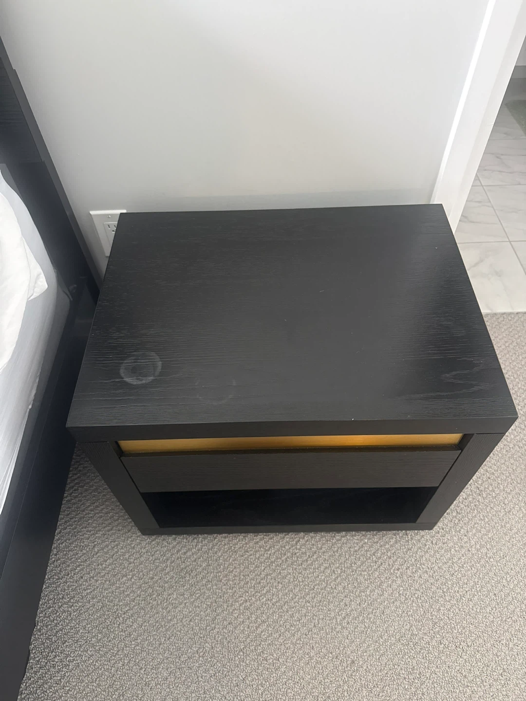 4 available Black Wood Nightstand with Gold Drawer Accent
