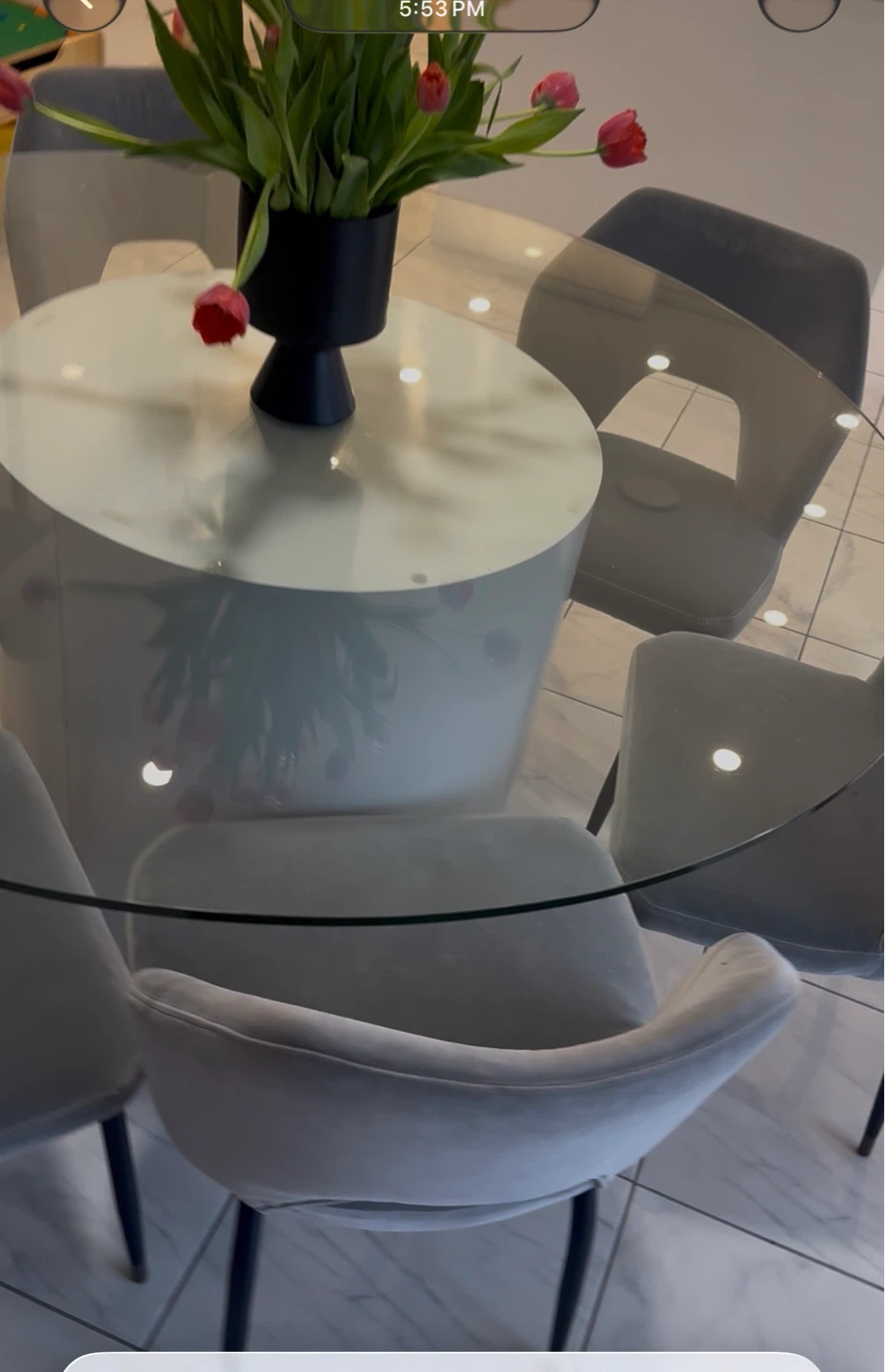 Glass Dining Table with 6 Grey Velvet Chairs
