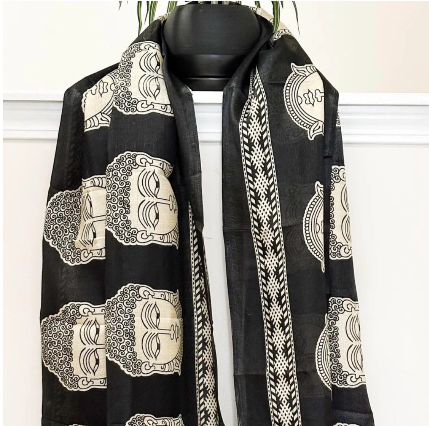 Black Buddha Print Scarf with Tassels