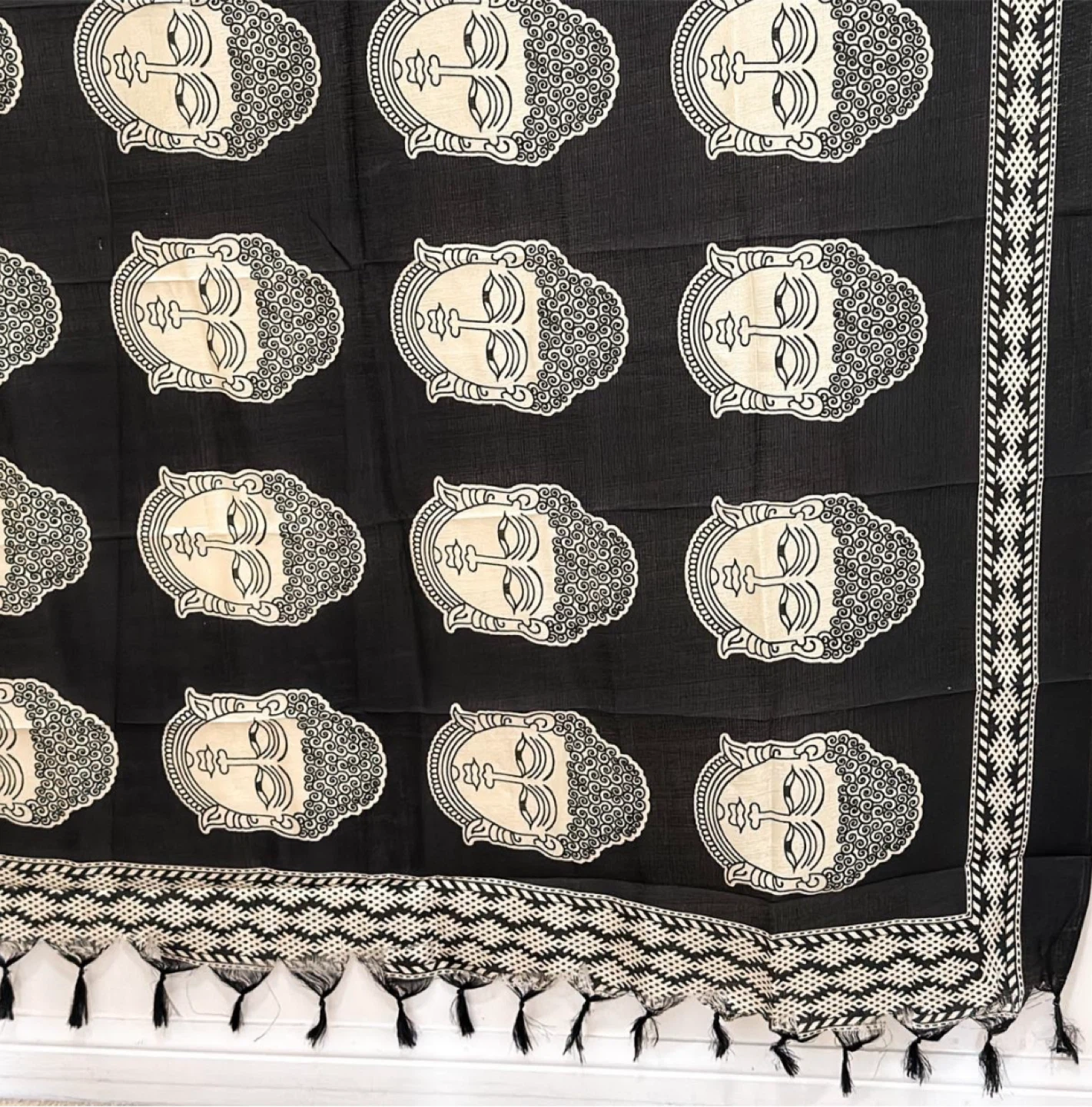 Black Buddha Print Scarf with Tassels - photo 3