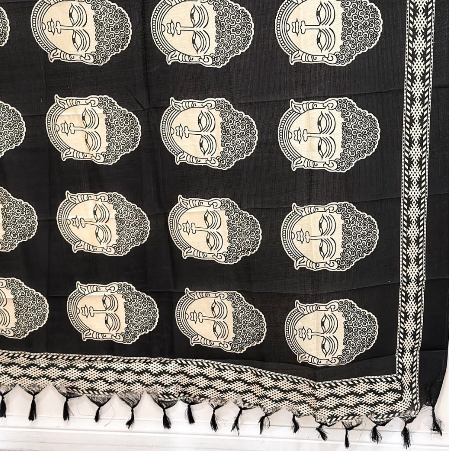 Black Buddha Print Scarf with Tassels - photo 2