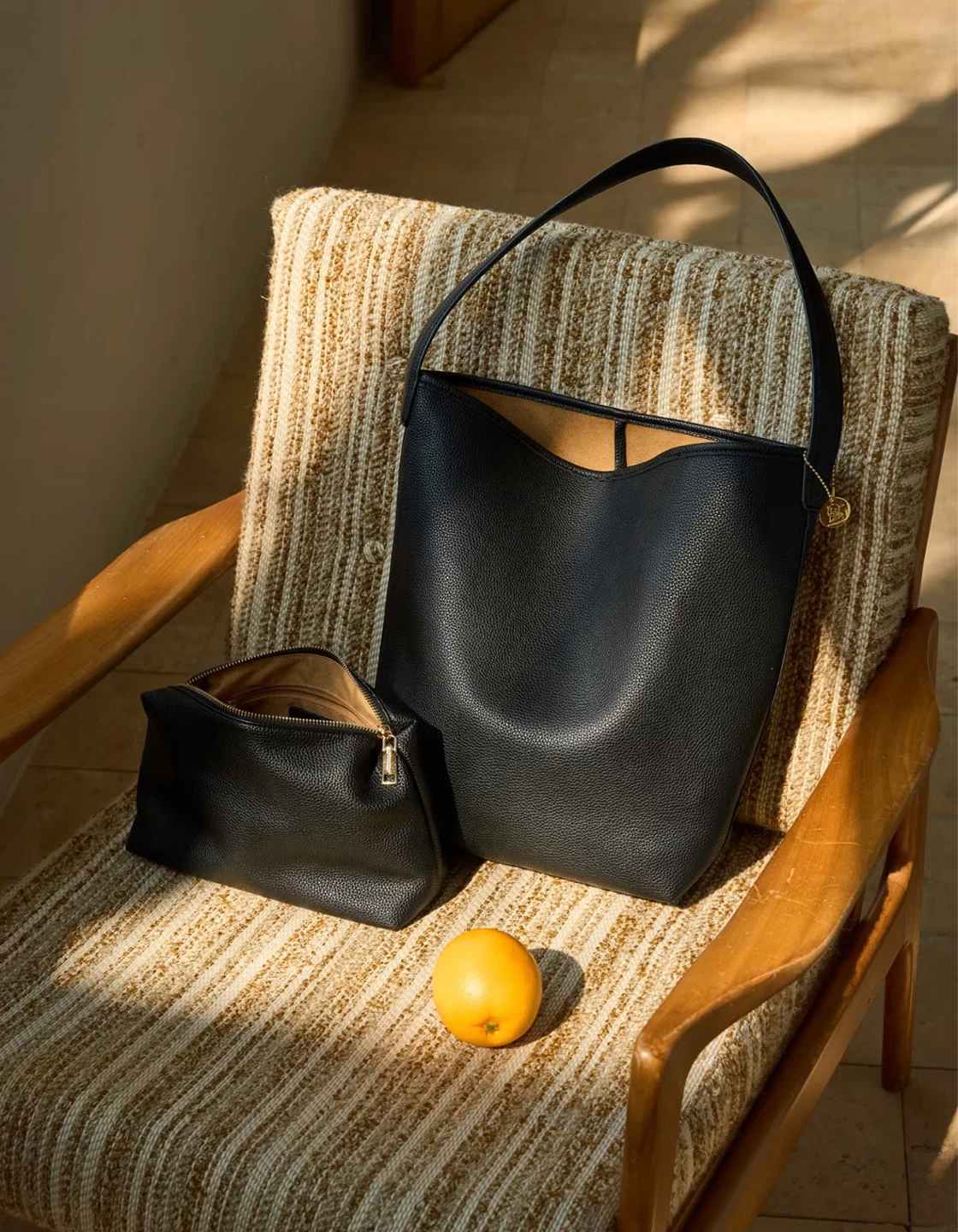 Grey Leather Bucket Bag with Matching Pouch - photo 5