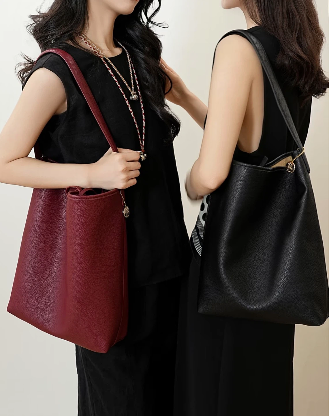 Grey Leather Bucket Bag with Matching Pouch - photo 4