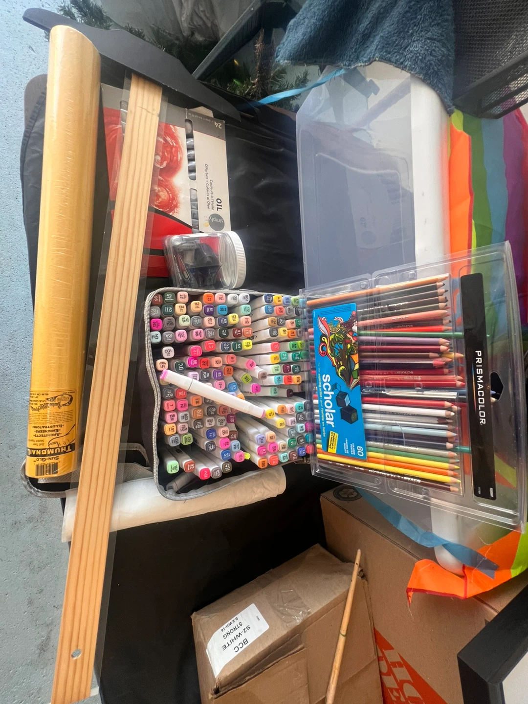 Art supplies- markers, prismacolor pencils, trace paper, ruler