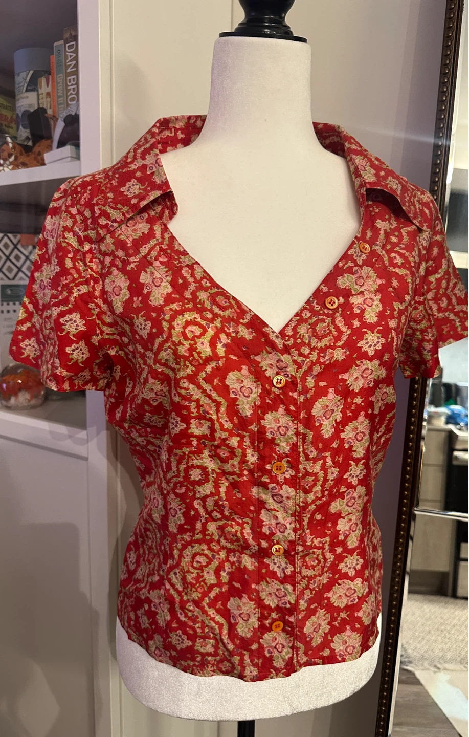 Vintage Dirk Van Saene Red Floral Short Sleeve Blouse