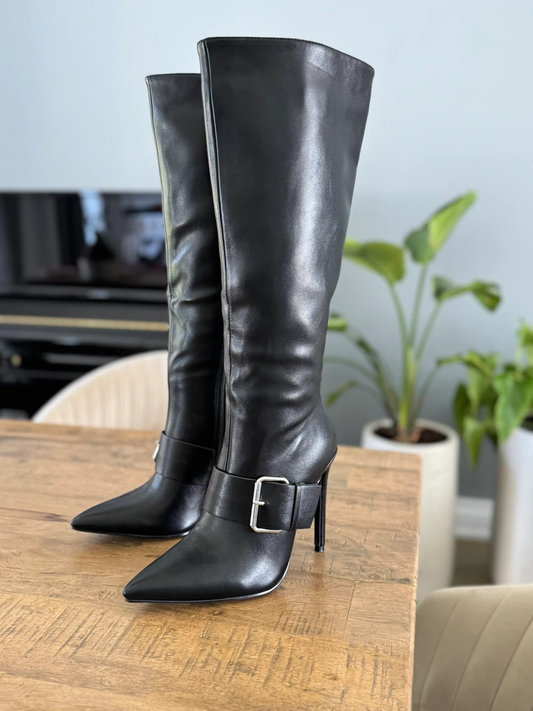 Faux Leather Tall Boots with Buckle Detail size 7