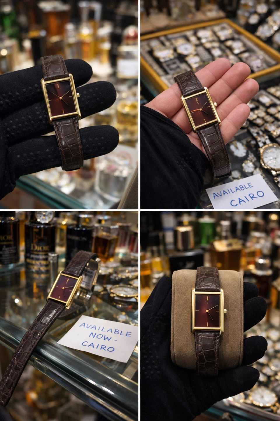 Vintage Rectangular Watch with Brown Croc-Embossed Band