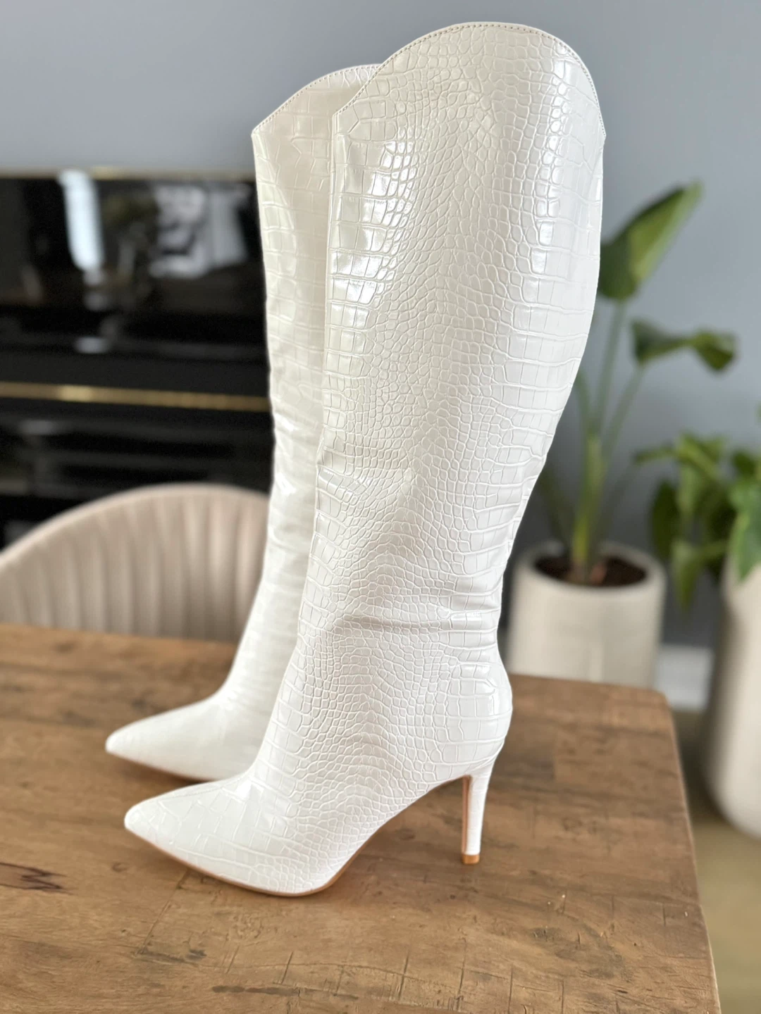 White Croc Print Knee-High Stiletto Boots