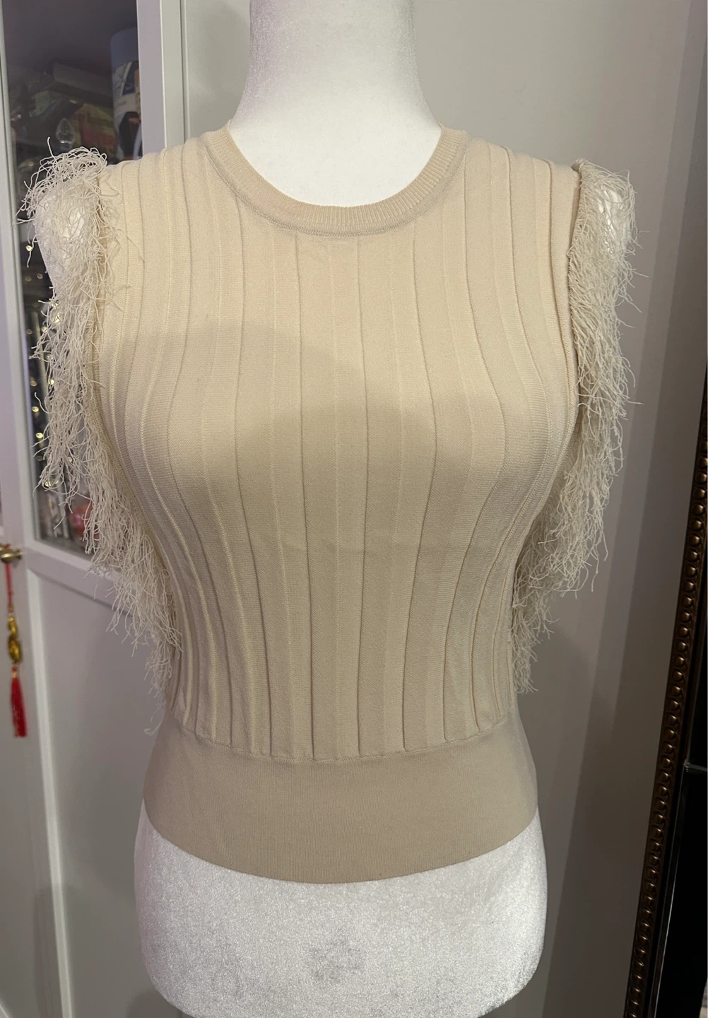 PINKO Cream Fringe Knit Sleeveless Top