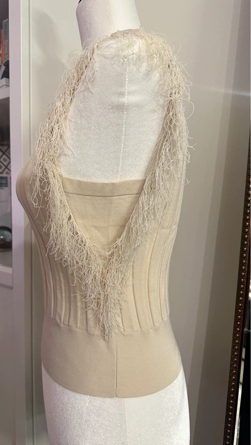 PINKO Cream Fringe Knit Sleeveless Top - photo 4