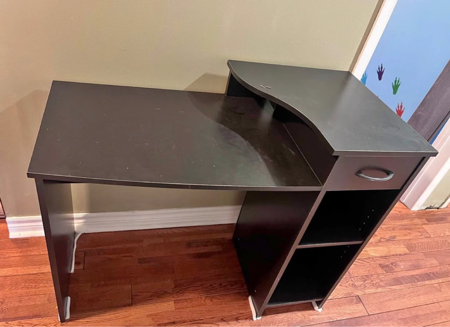 Dark Brown Corner Desk with Drawer and Shelves
