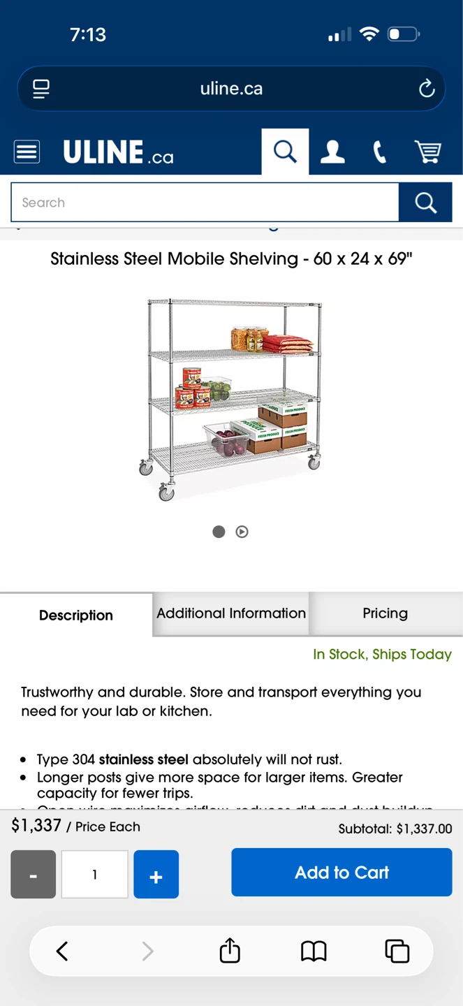 Uline Stainless Steel Mobile Shelving - 60 x 24 x 69" - photo 2