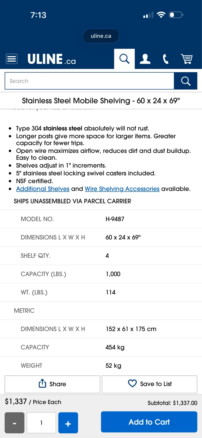 Uline Stainless Steel Mobile Shelving - 60 x 24 x 69" - photo 3