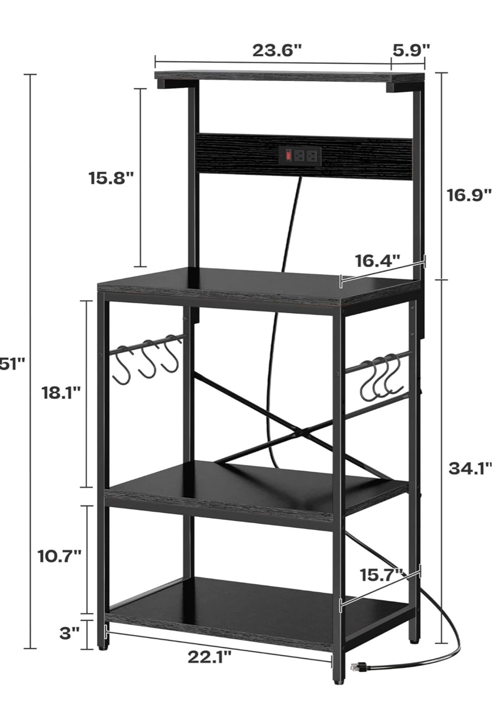 Black Metal Baker's Rack with Shelves and Hooks - photo 3