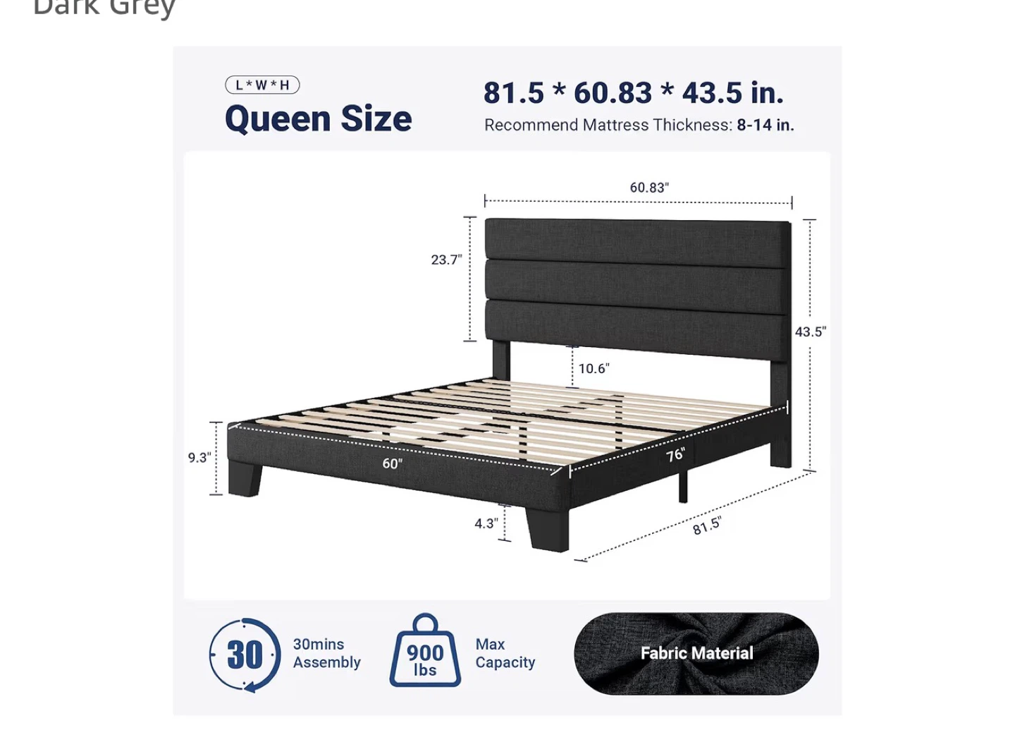 Queen Size Fabric Bed Frame - Dark Grey - photo 2