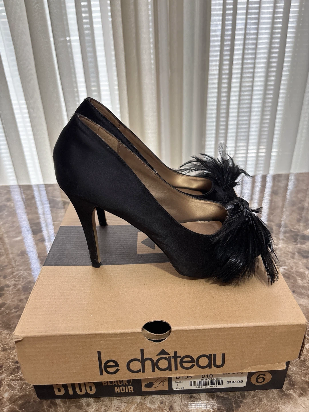 Le Château Black Feather Detail Peep-Toe Heels - Size 6