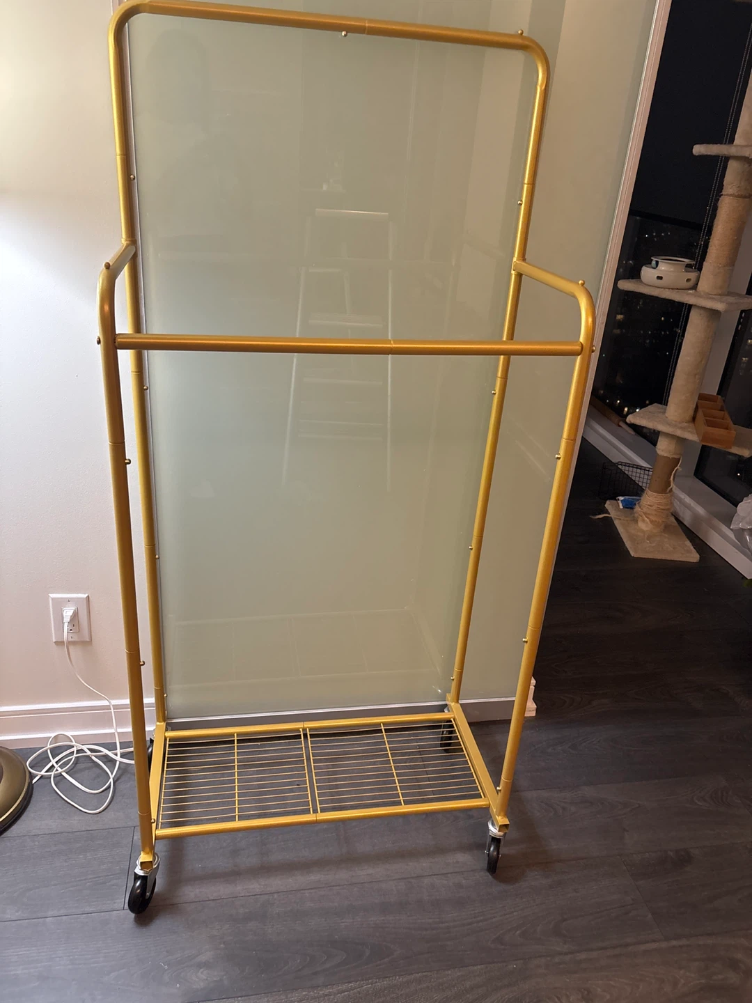 Gold Metal Garment Rack with Shelf and Wheels