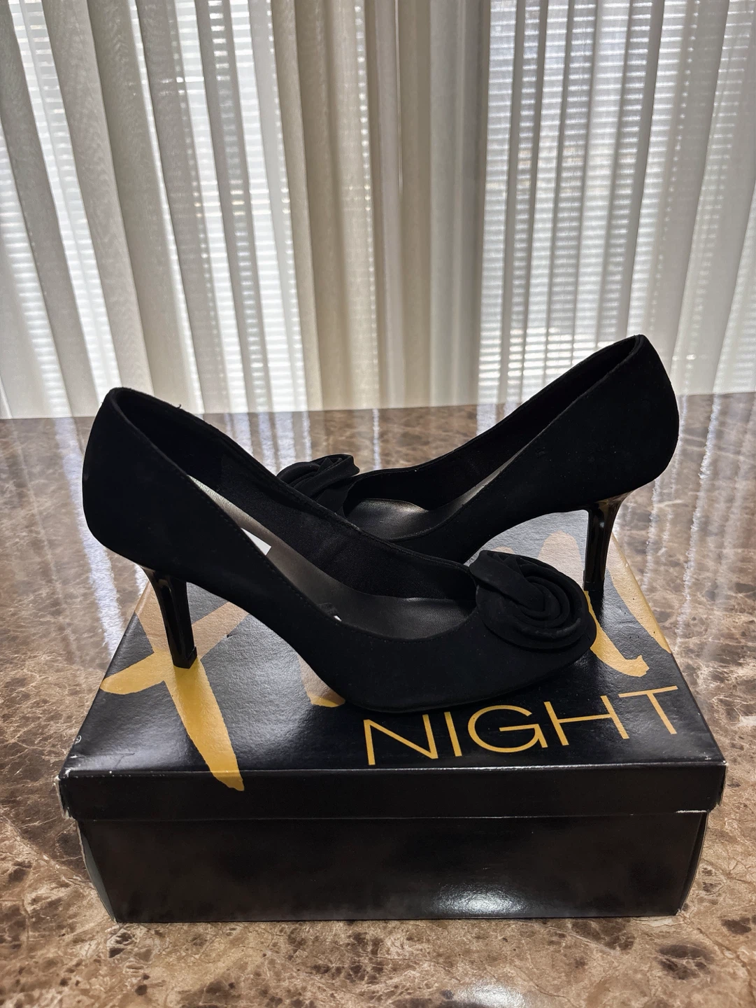Fioni Night Black Suede Rose Detail Heels Size 6