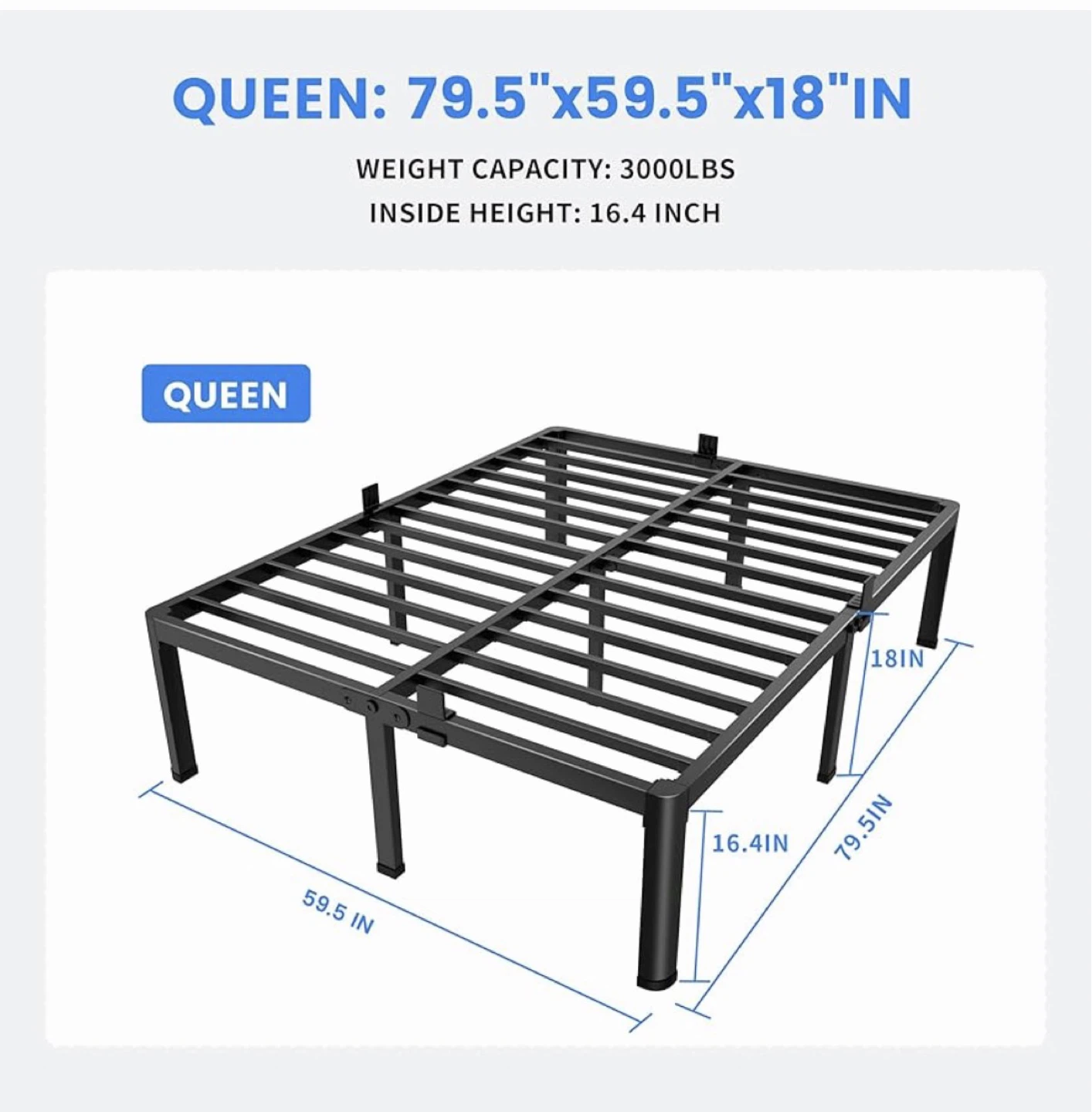 Queen Metal Bed Frame - 79.5" x 59.5" x 18"