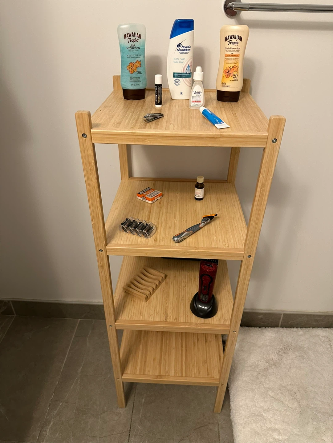 Bamboo Bathroom Shelf with Toiletries and Grooming Items