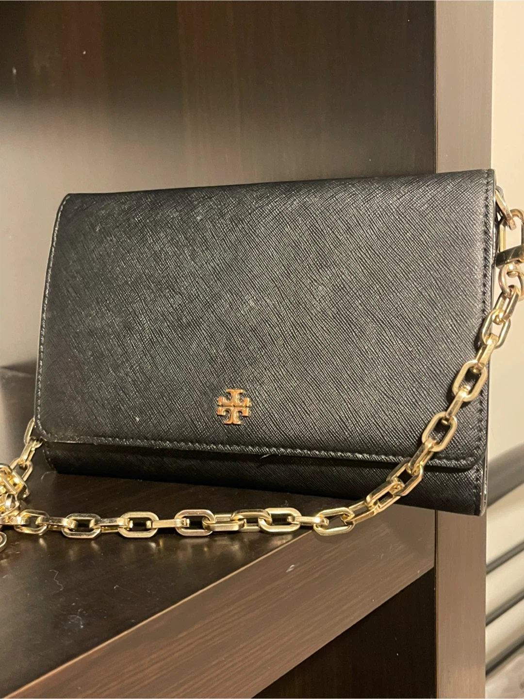 Tory Burch Black Saffiano Leather Wallet with Gold Chain