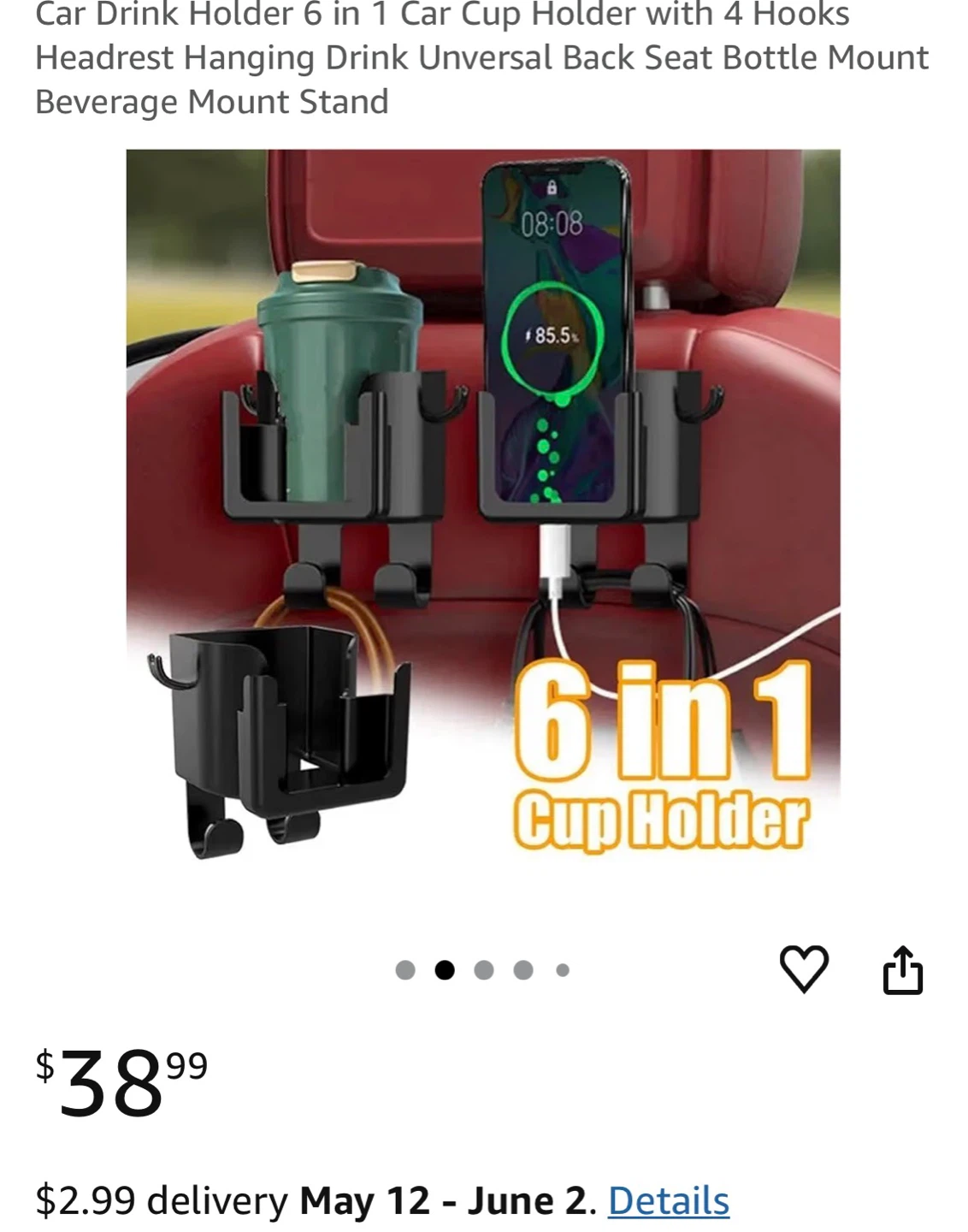 6 in 1 Car Headrest Drink Holder with Hooks