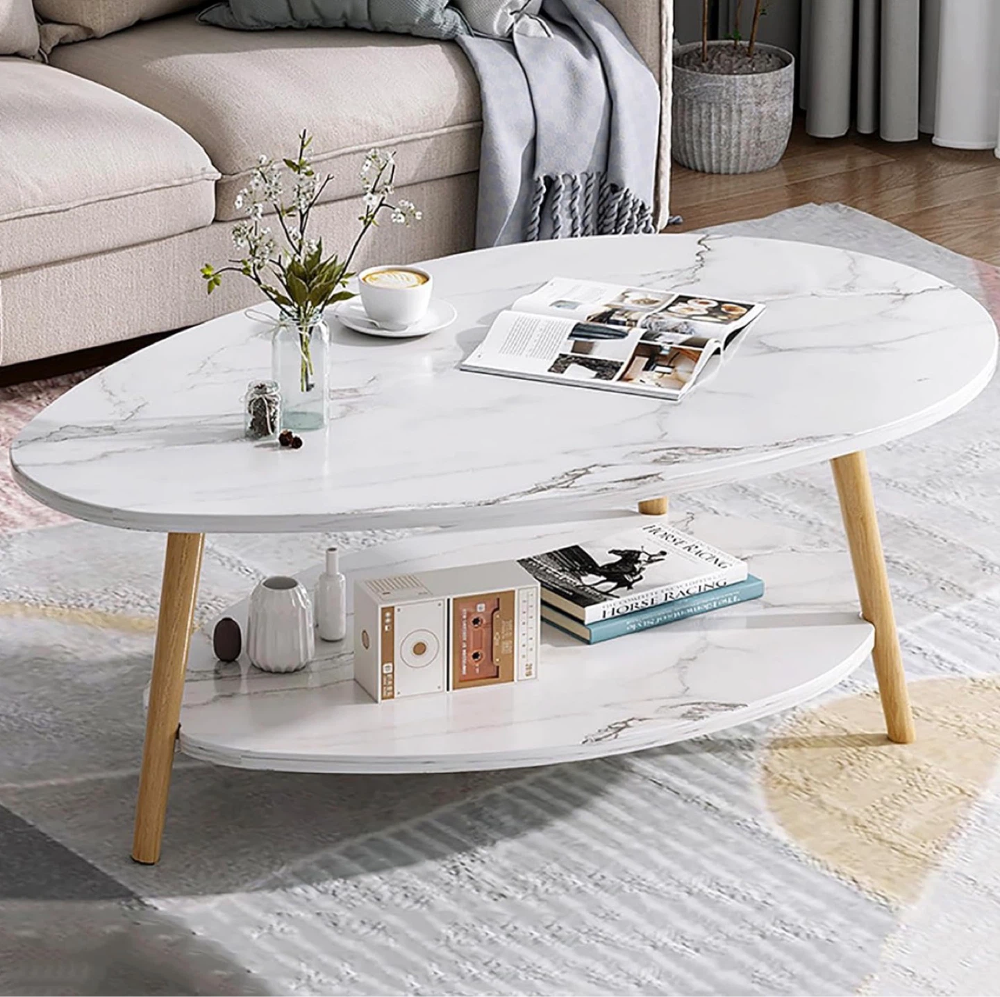 Oval Coffee Table with Storage Shelf