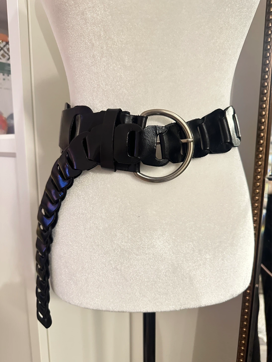 Black Leather Statement Belt with Silver Ring Buckle