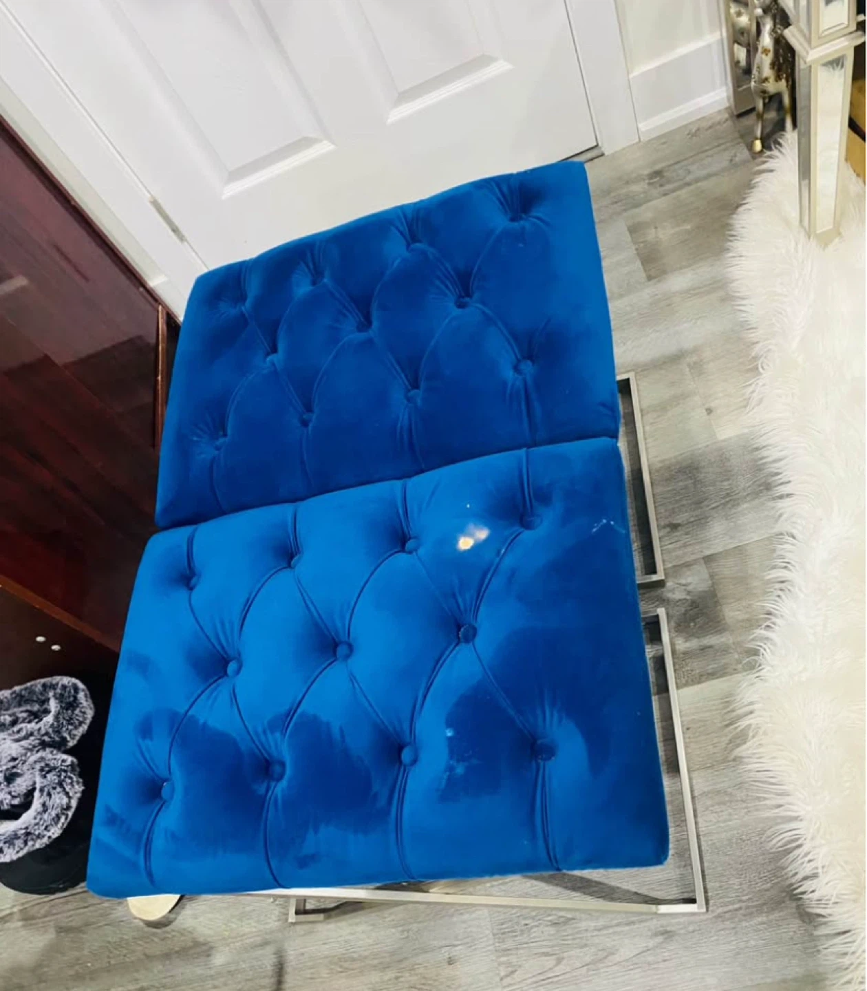 Blue Velvet Tufted Ottomans (Set of 2)